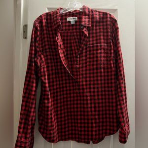 Red and black half button up shirt